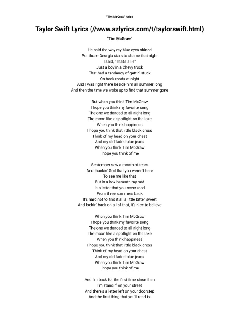 Taylor Swift - Tim McGraw Lyrics | PDF | Pop Songs | Songs