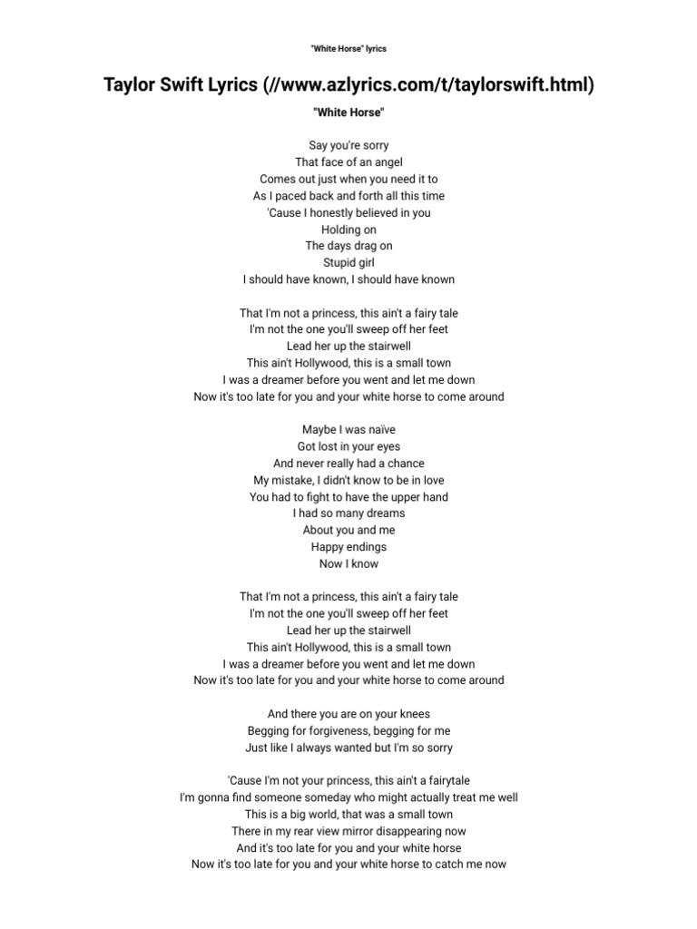Taylor Swift White Horse Lyrics PDF
