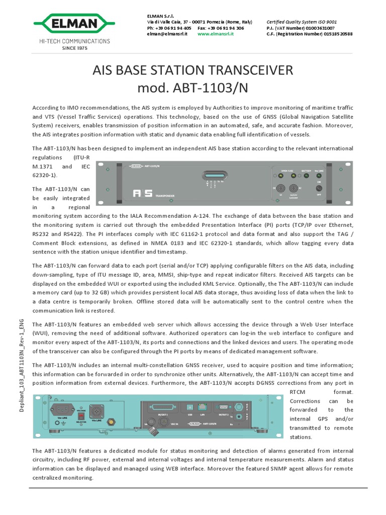 Ais Base Station Transceiver Mod. ABT1103/N Via Di Valle Caia, 37