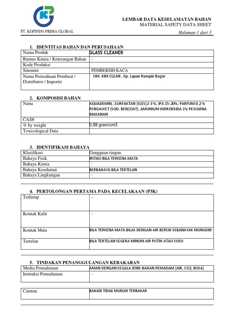 MSDS Glass Cleaner PDF