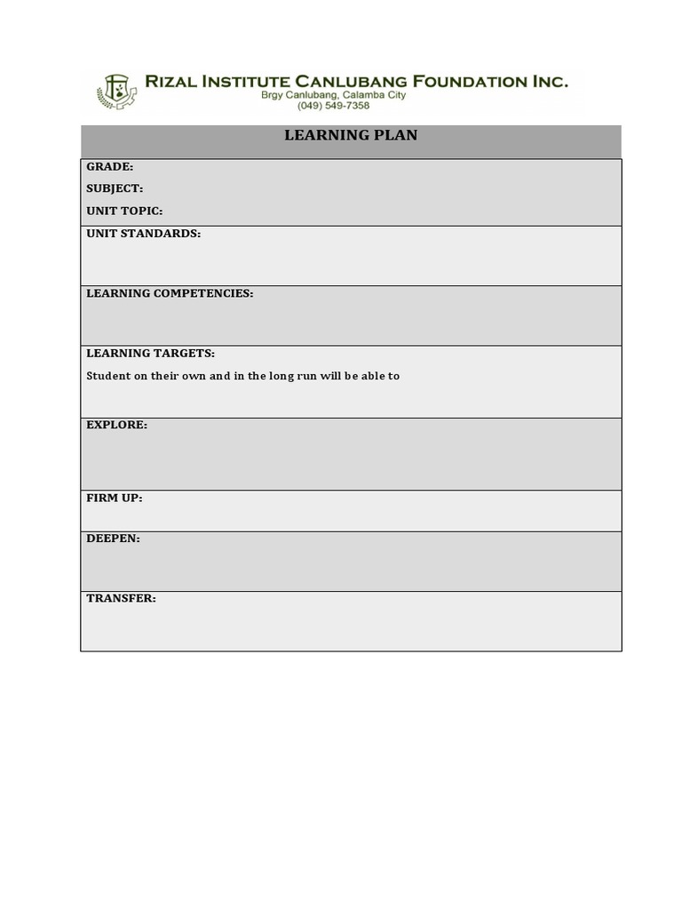 Learning Plan: Grade: Subject: Unit Topic: Unit Standards | PDF ...