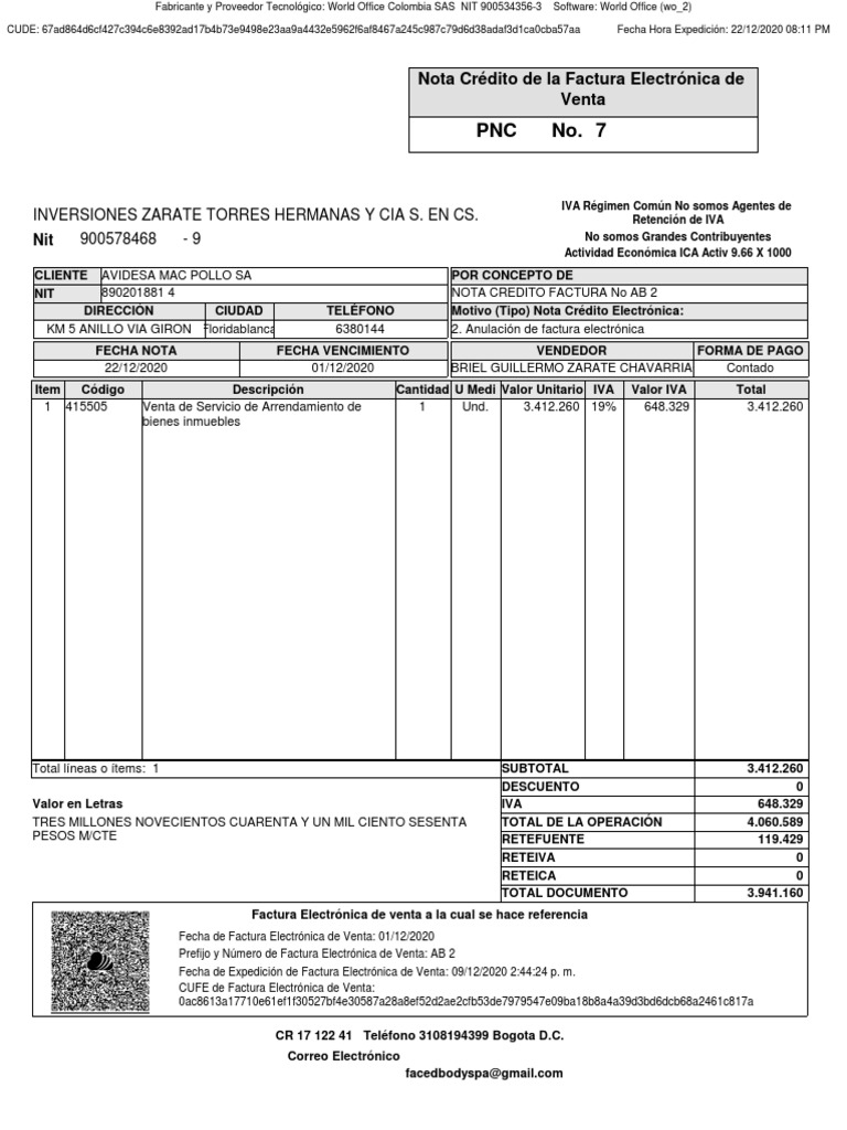 PNC7 - NC Avidesa MC Pollo Felicia | PDF | Factura | Servicios (economía)