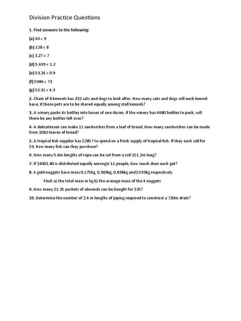 Division Practice Questions and Solutions | PDF | Cooking, Food & Wine ...