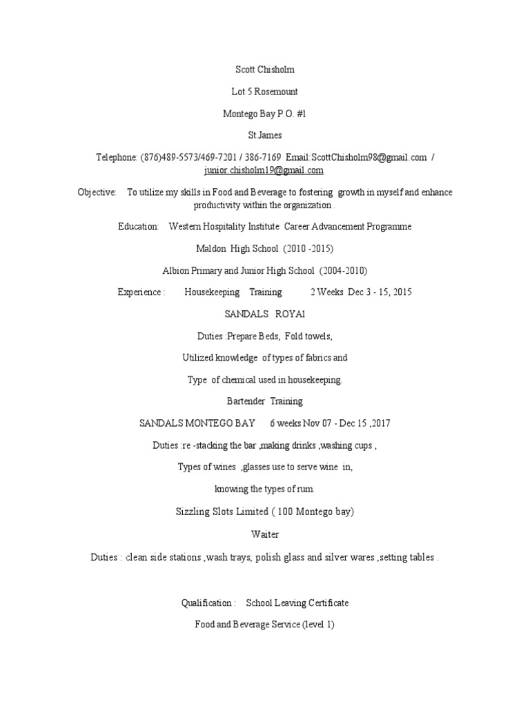 Scott Chisholm's Resume for Food and Beverage Positions PDF Food And Drink Beverages