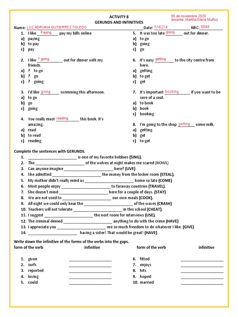 Activity 8 Gerunds and Infinitives 9-11-2020 | PDF | Linguistics | Syntax