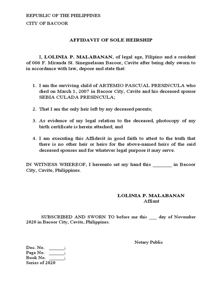 Affidavit of Sole Heirship Republic of The Philippines City of Bacoor