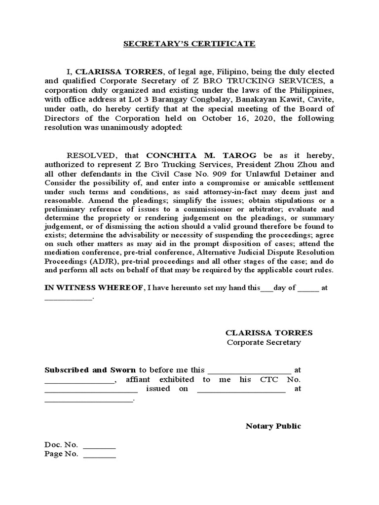 Secretary Certificate for Z Bro Trucking | PDF