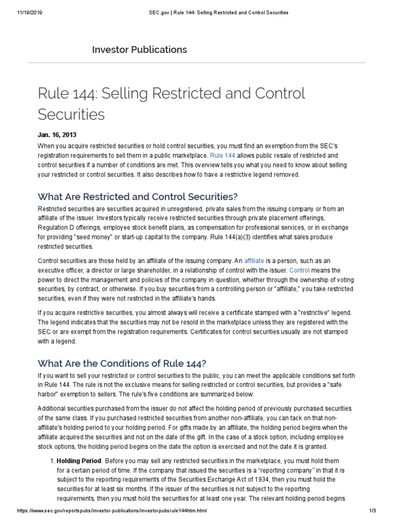SEC Gov Rule 144 Selling Restricted and Control Securities PDF