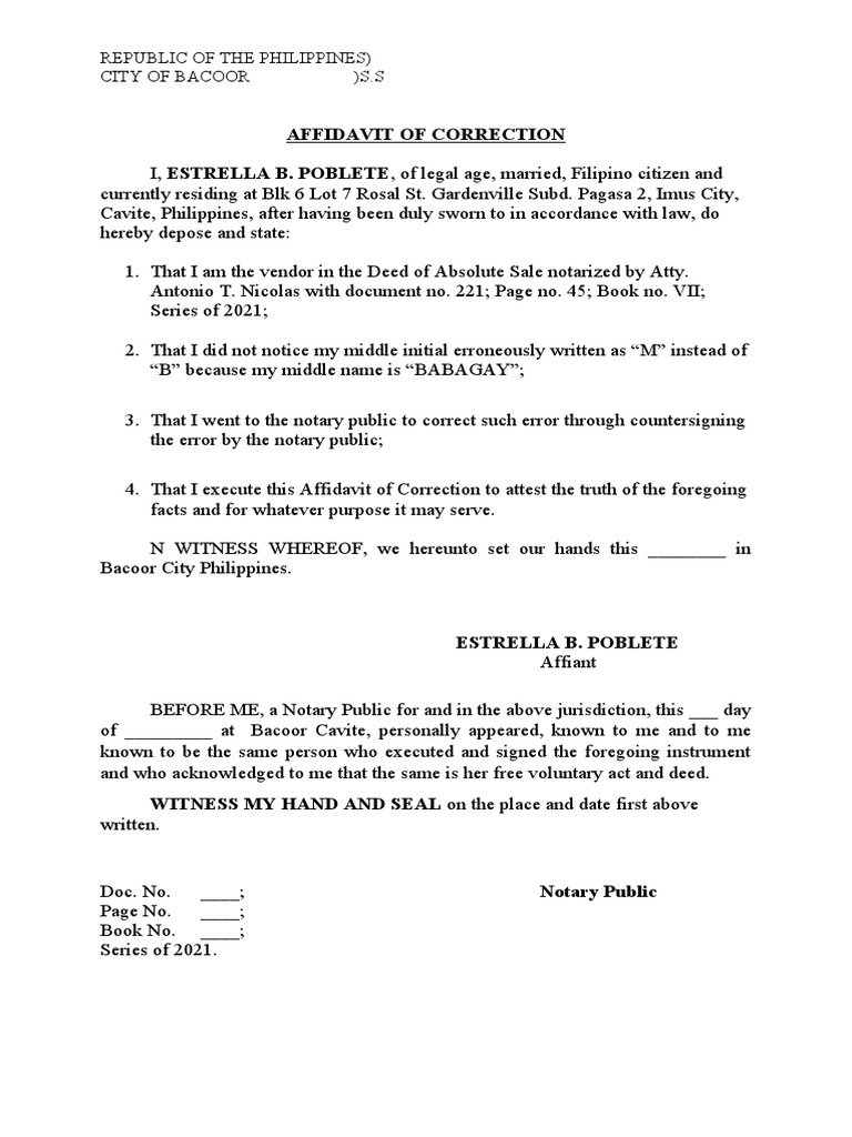 Affidavit of Correction: Republic of The Philippines) City of Bacoor) S ...
