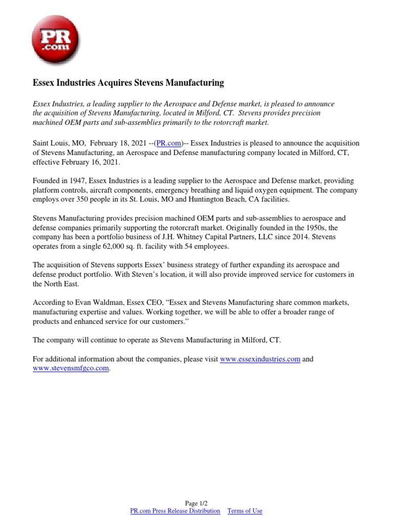 Essex Industries Acquires Stevens Manufacturing PDF Aerospace Economies