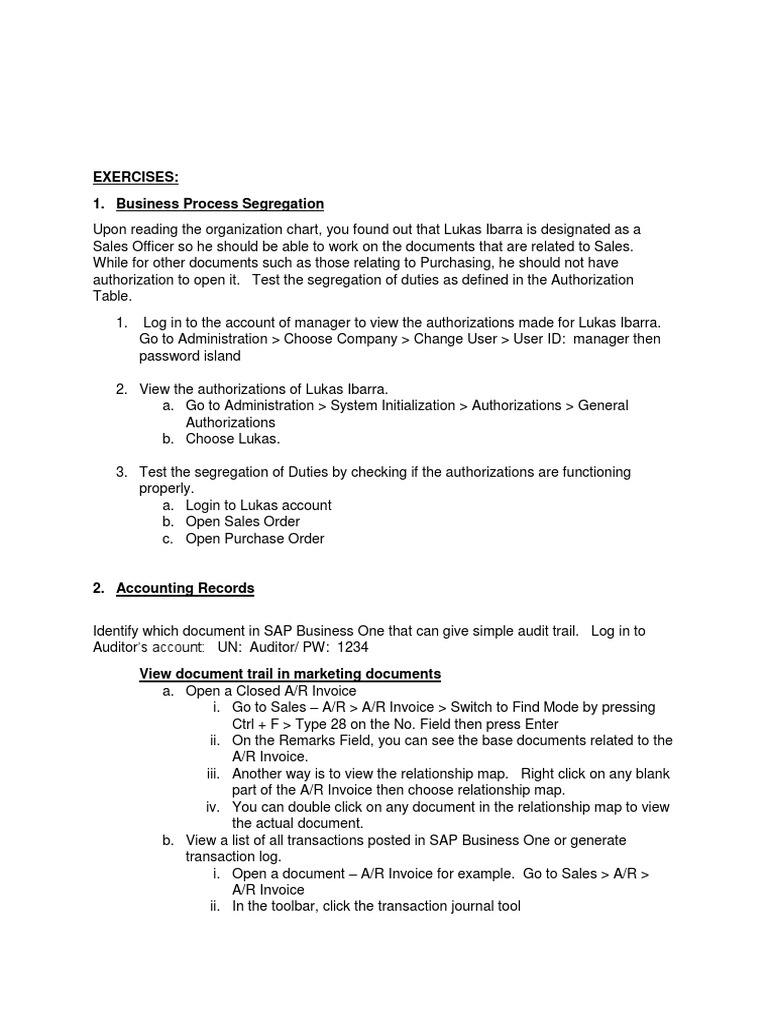 SAP Business One Audit and Control Exercises | PDF | Invoice | Computing