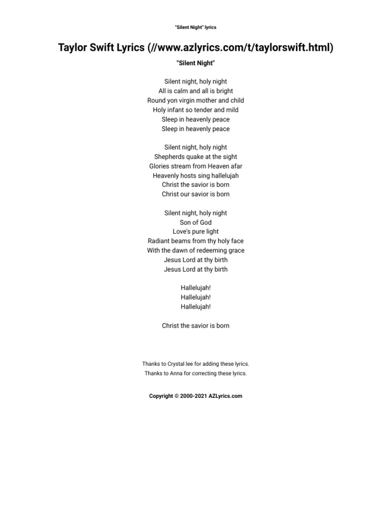 Taylor Swift Silent Night Lyrics PDF