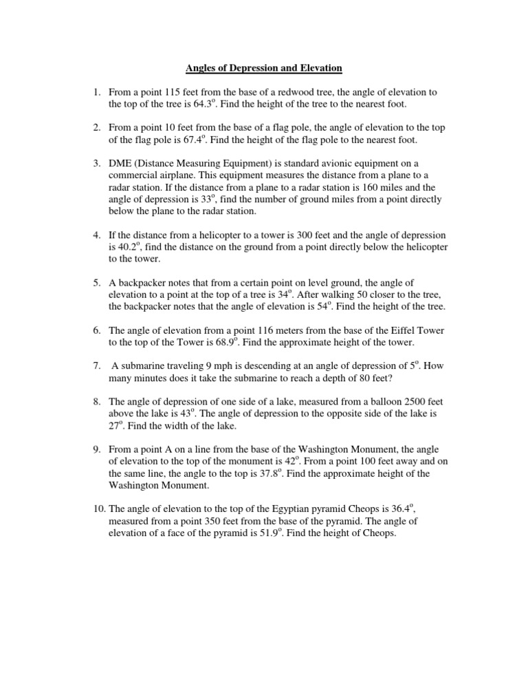 Angles of Elevation and Depression Worksheet | PDF