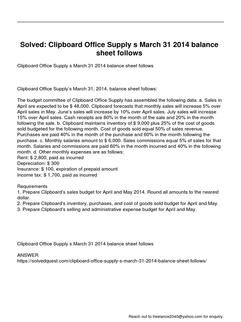 Clipboard Office Supply S March 31 2014 Balance Sheet Follows PDF