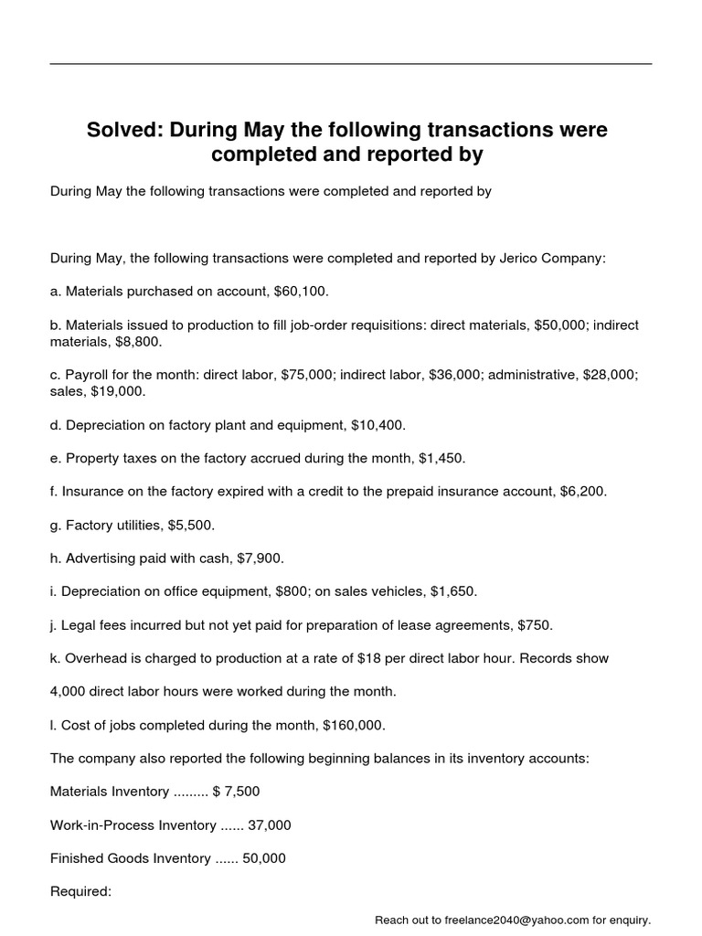 During May The Following Transactions Were Completed and Reported by ...