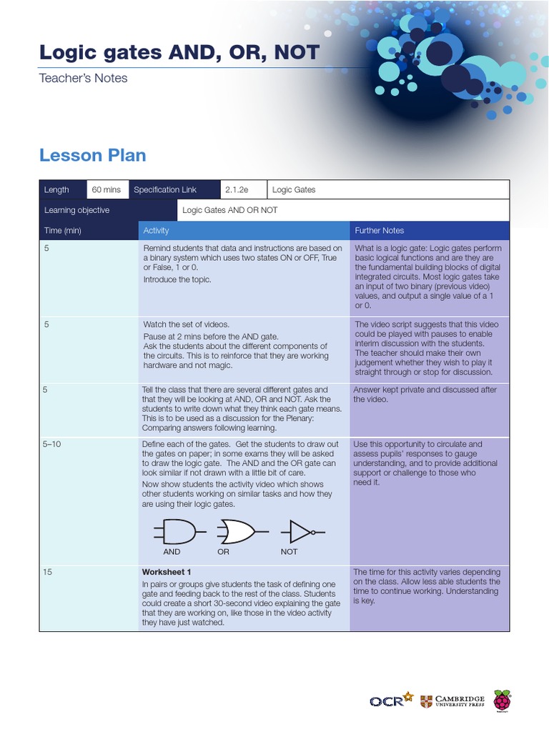 Logic Gates AND, OR, NOT: Lesson Plan | PDF | Boolean Algebra ...