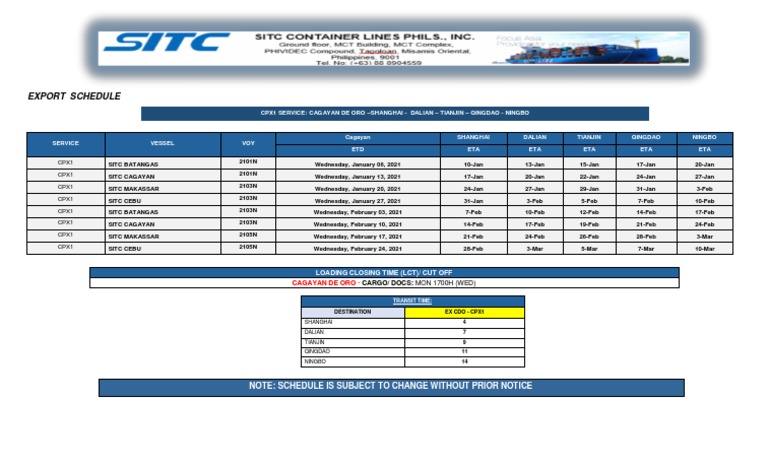 SITC VESSEL SCHEDULE Export - As of JANUARY 2021 | PDF