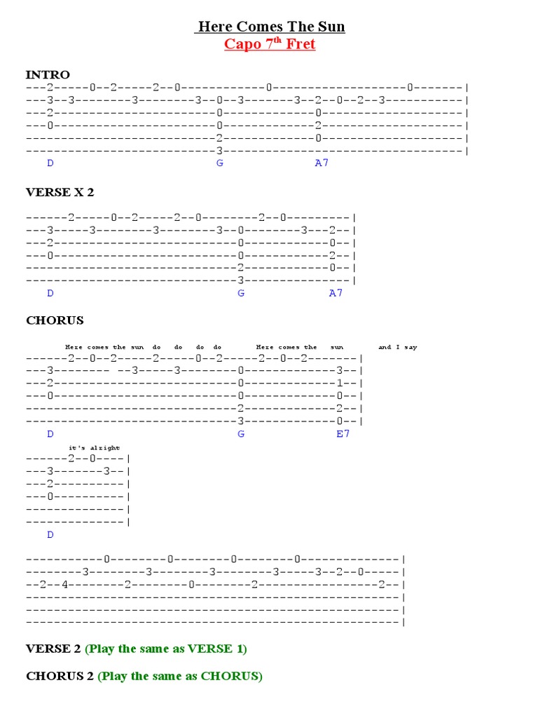 Here Comes The Sun Guitar Tab Capo 7 PDF Song Structure Musical Forms