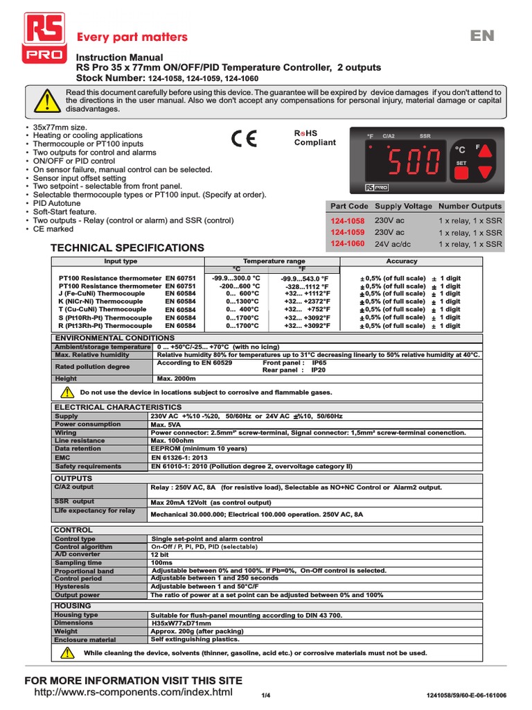 RS Pro PID Temperature Controller Manual | PDF | Thermocouple ...