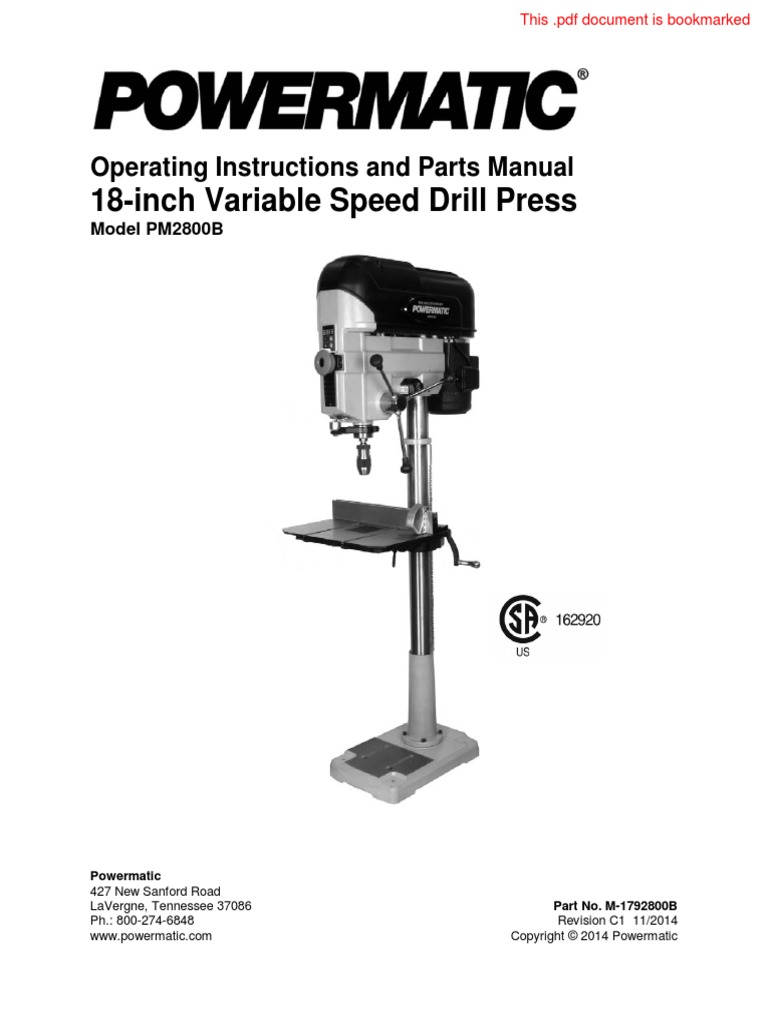 18Inch Variable Speed Drill Press Operating Instructions and Parts