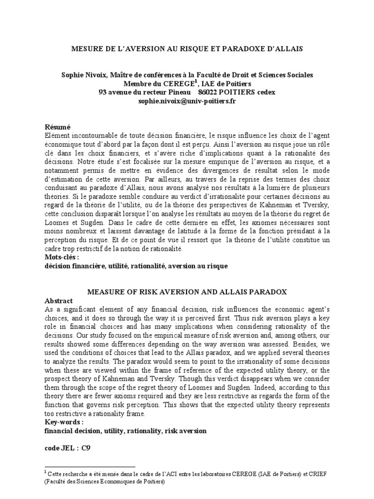 Mesure de L'aversion Au Risque Et Paradoxe D'allais | PDF | Utilité ...