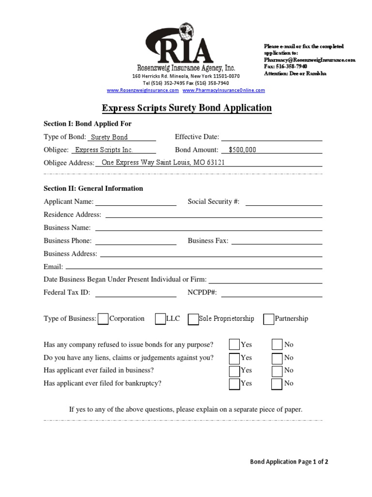 Express Scripts Surety Bond Application | PDF | Bonds (Finance ...