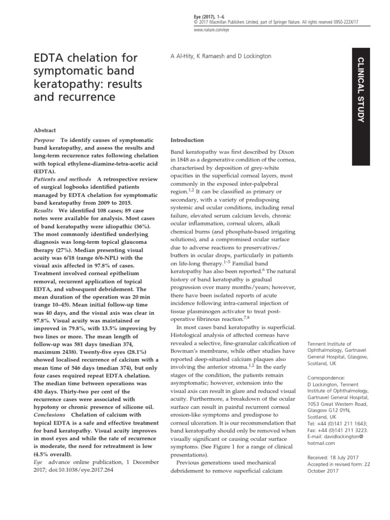 EDTA Chelation For Symptomatic Band Keratopathy Results and Recurrence