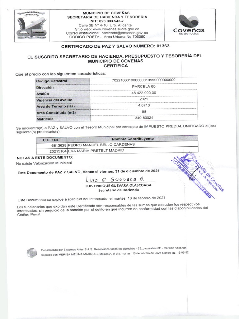 Certificado de Paz y Salvo Predial | PDF | Business