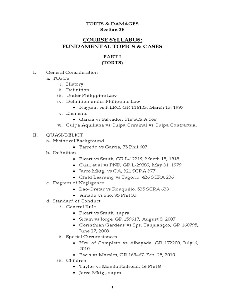 Torts and Damages Course Syllabus | PDF | Negligence | Legal Concepts