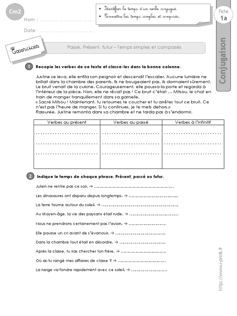 Exercices Passé Présent Futur Cm2 Cm2 Exercices Present Passe Futur | PDF | Verbe