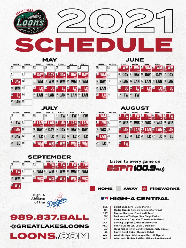 2021 Schedule Great Lakes Loons PDF