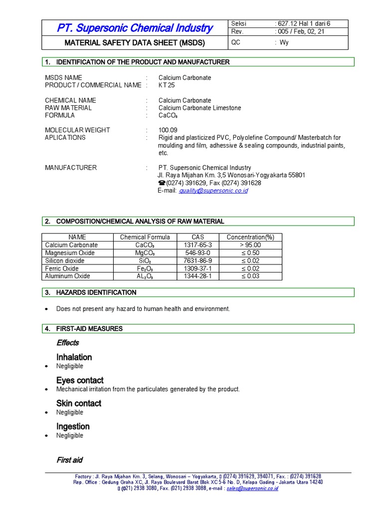 Calcium Carbonate MSDS Explains Health and Safety Procedures | PDF ...