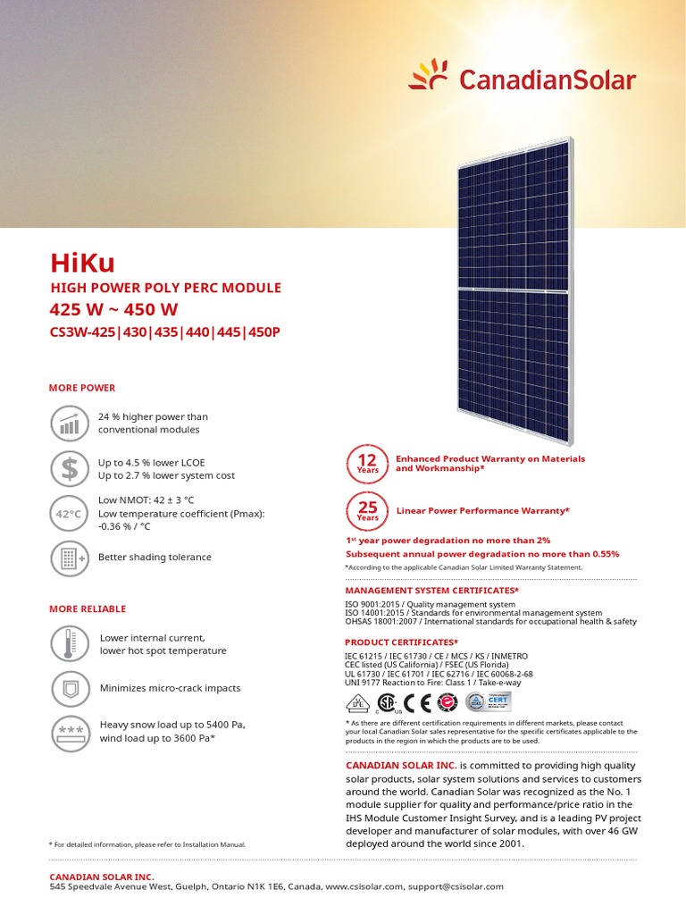 Canadian Solar CS3W 450P Datasheet | PDF | Solar Panel | Electricity