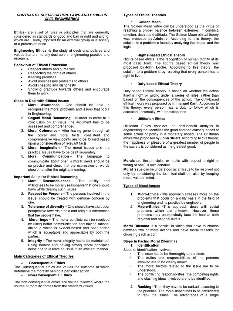 CONTRACTS, SPECIFICATION, LAWS AND ETHICS IN CIVIL ENGINEERING | PDF ...