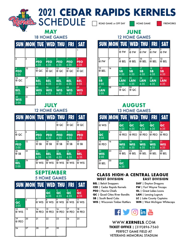 2021 Kernels Schedule PDF Major League Baseball Teams Major