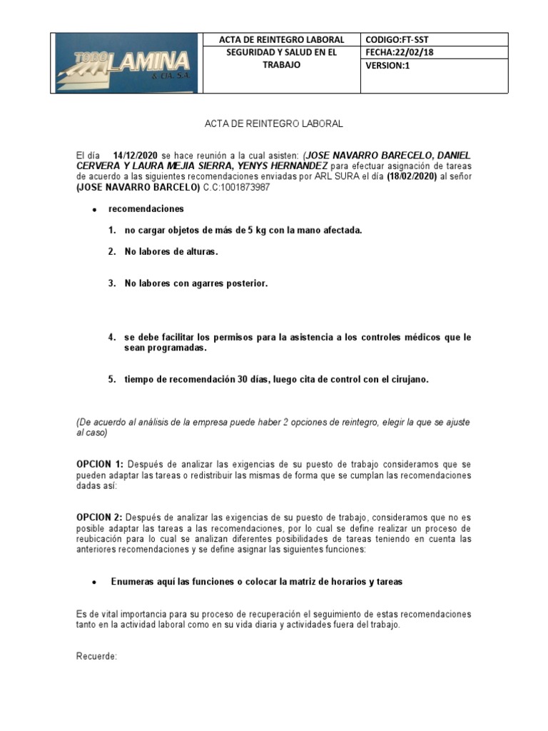 Acta de Reintegro Laboral 2020 | PDF | Business
