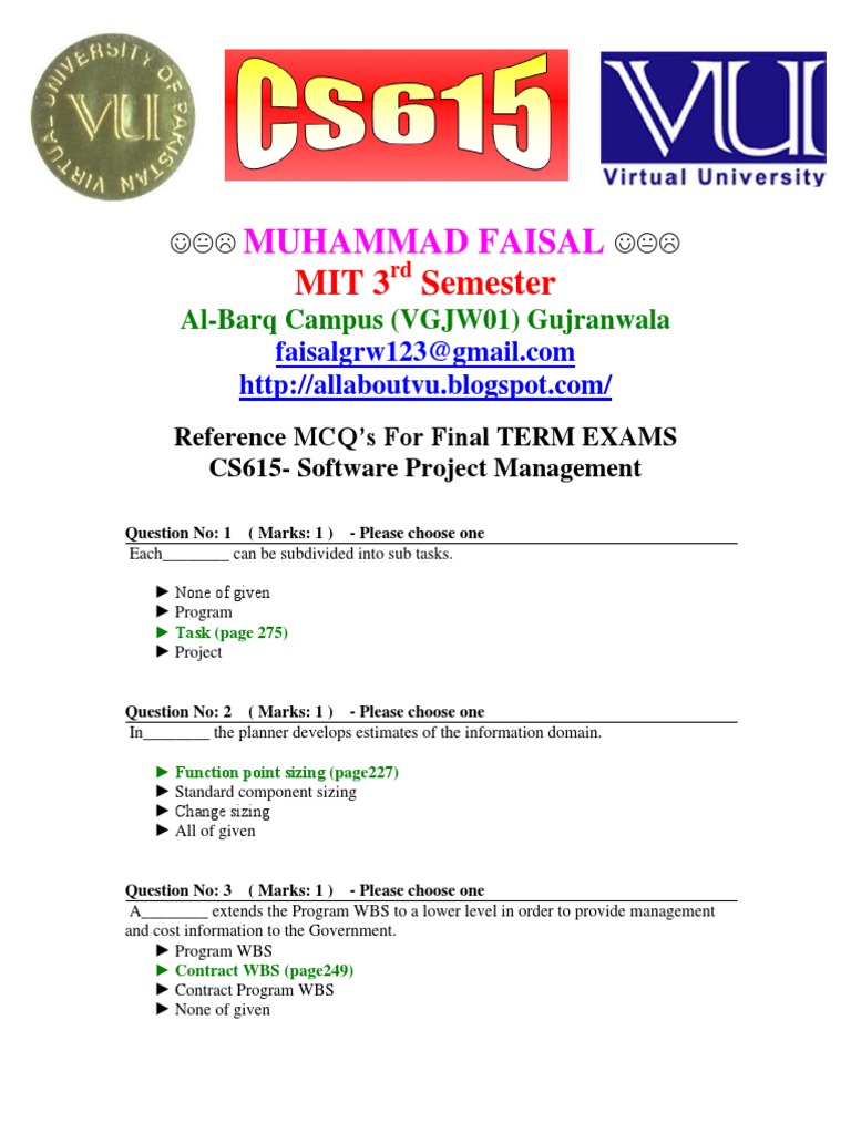 CS615 Final Exam MCQs Guide | PDF | Software Testing | Project Management
