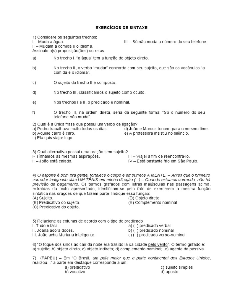 Exercícios de Sintaxe - 02 | PDF | Assunto (gramática) | Predicado ...