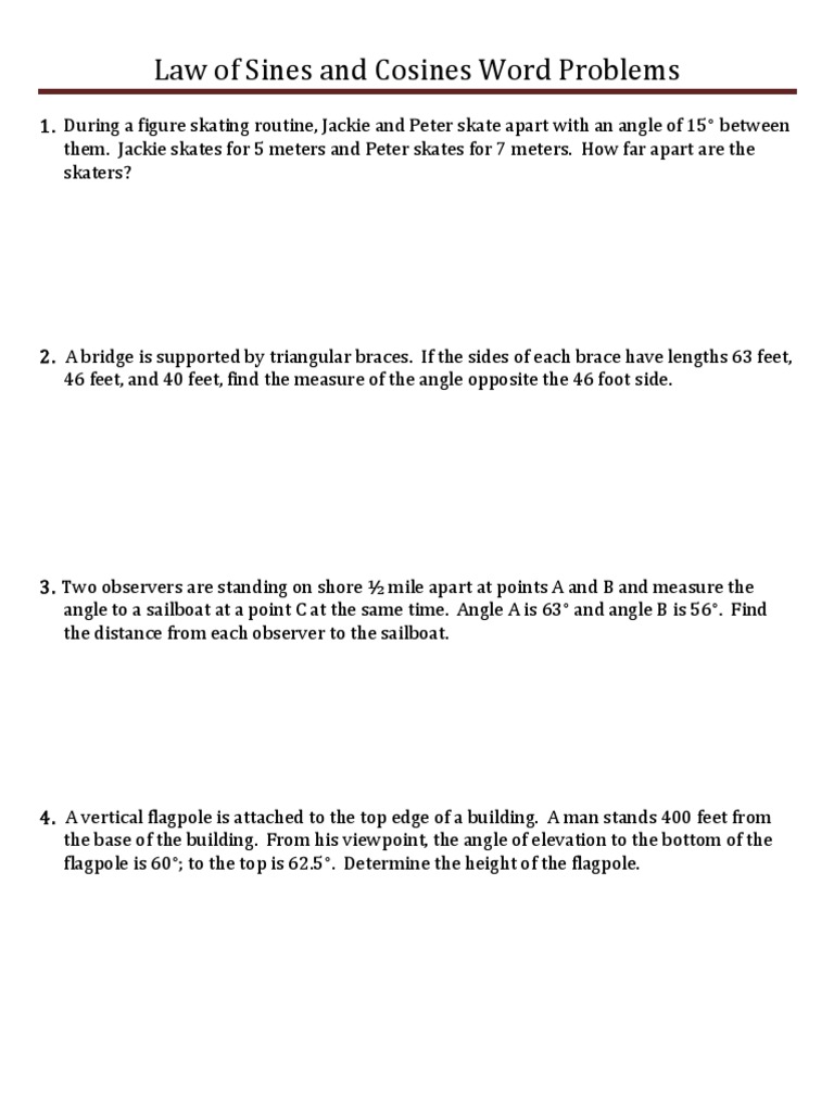 Law of Sines and Law of Cosines Word Problems | PDF