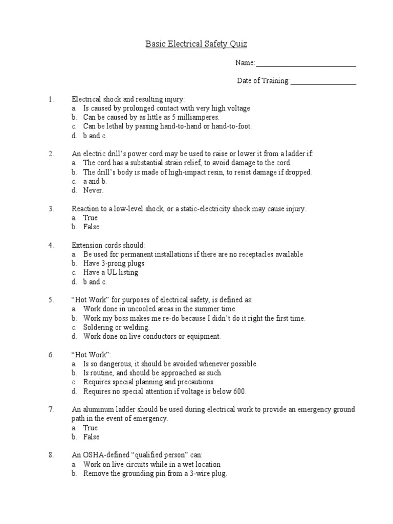 Basic Electrical Safety Quiz PDF