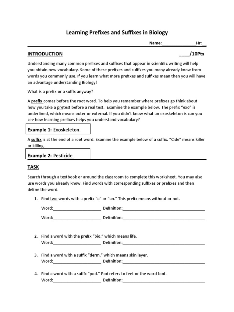 Biology Prefixes and Suffixes Worksheet | PDF | Grammar | Communication