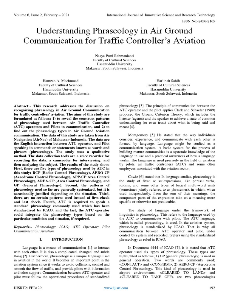 Understanding Phraseology in Air Ground Communication For Traffic