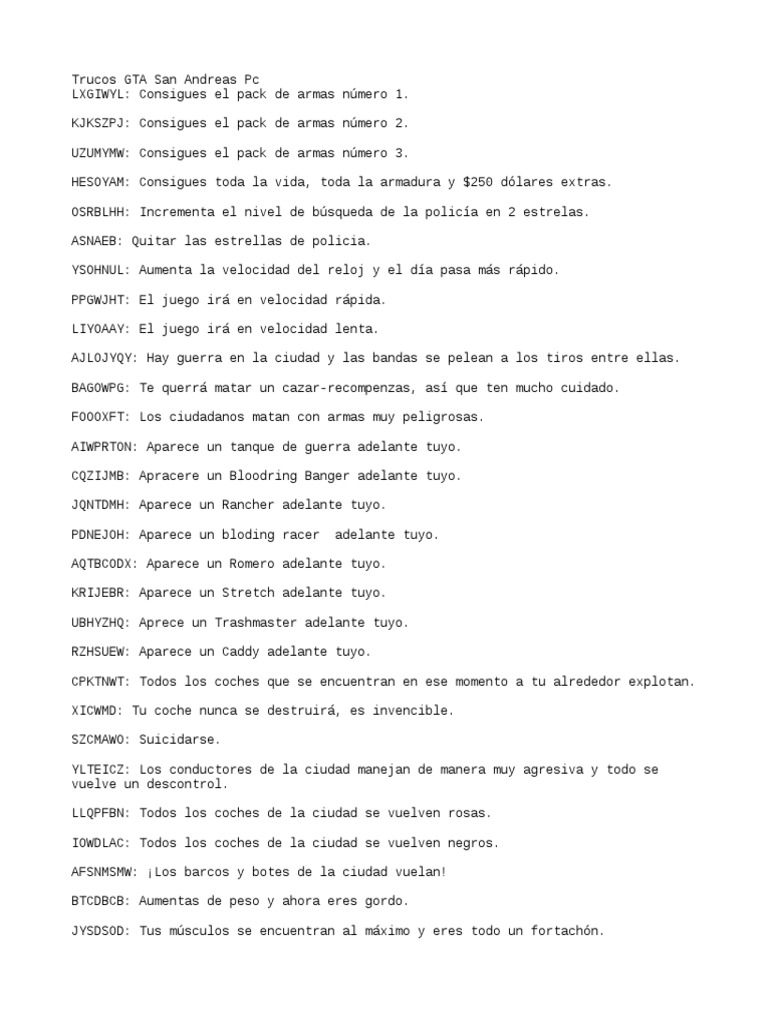 GTA San Andreas - Todos los trucos claves y códigos (PS2/XBOX/PC
