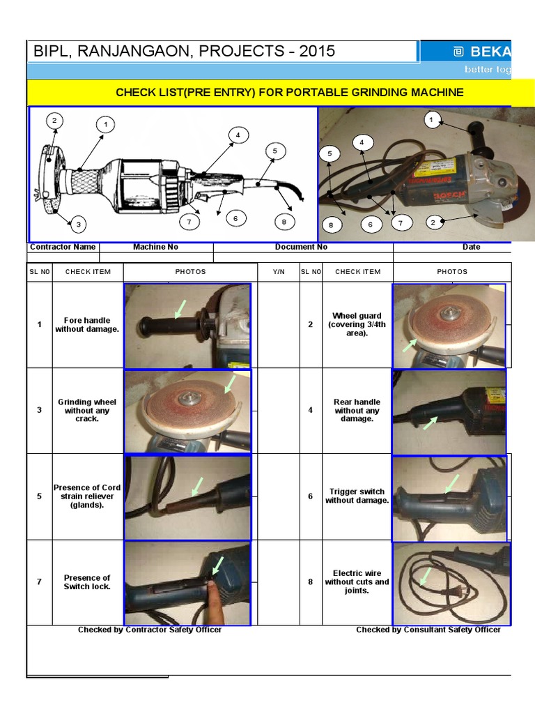 Check List (Pre Entry) For Portable Grinding Machine PDF Industrial