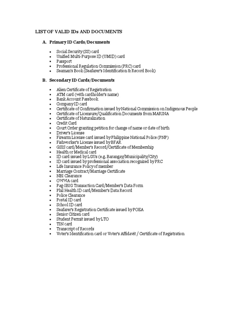 List of Valid Identification Cards | PDF | Identity Document | Document