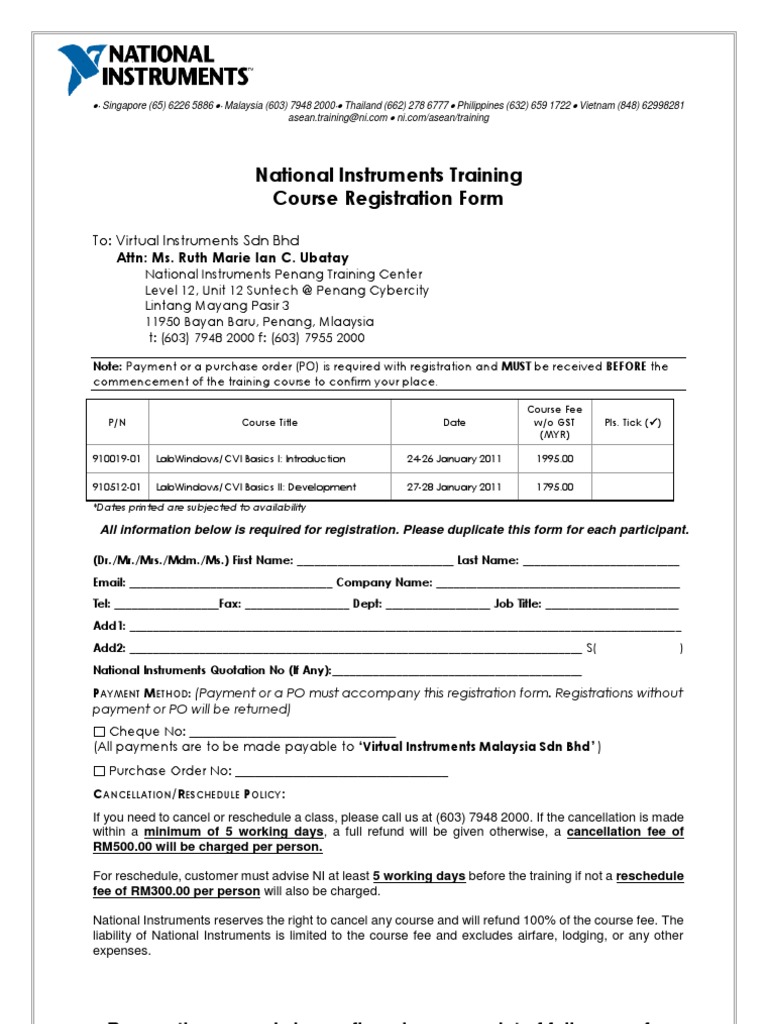 National Instruments Training Course Registration Form: To: Virtual ...