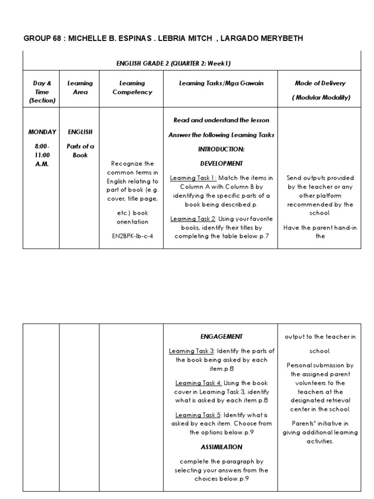 Weekly Home Learning Plan Grade 2