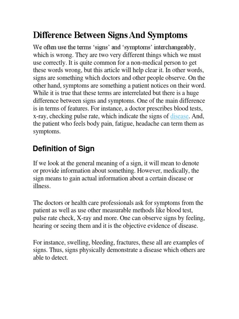 Difference Between Signs and Symptoms PDF Symptom Symptoms And Signs