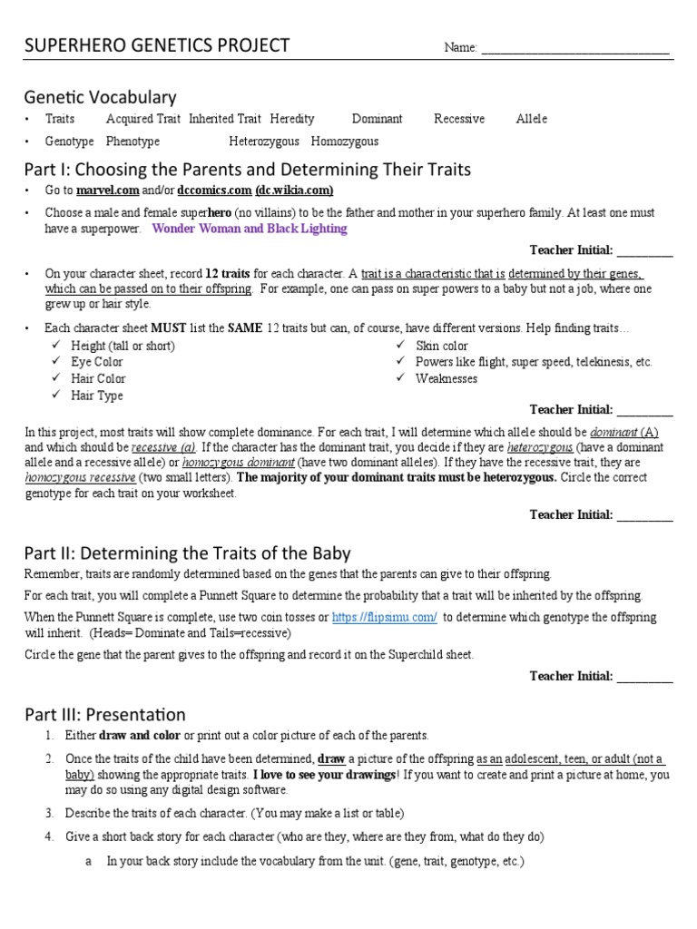 Superhero Genetics Project Guide | PDF | Dominance (Genetics) | Zygosity