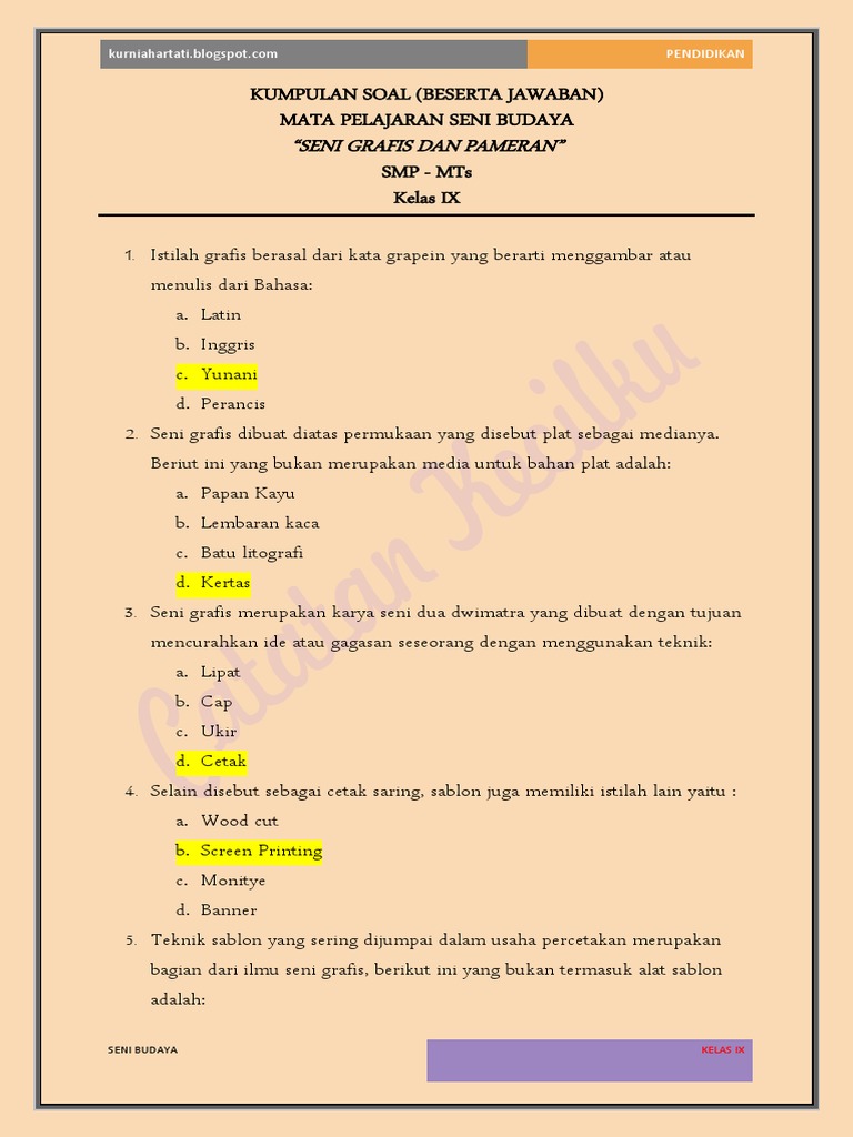 Kumpulan Soal Pilihan Ganda Seni Grafis Dan Pameran Kelas Ix
